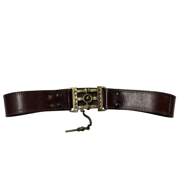 Vintage Belt Brown Genuine Calf Leather Brass Key Buckle Statement Waist‎ 31\